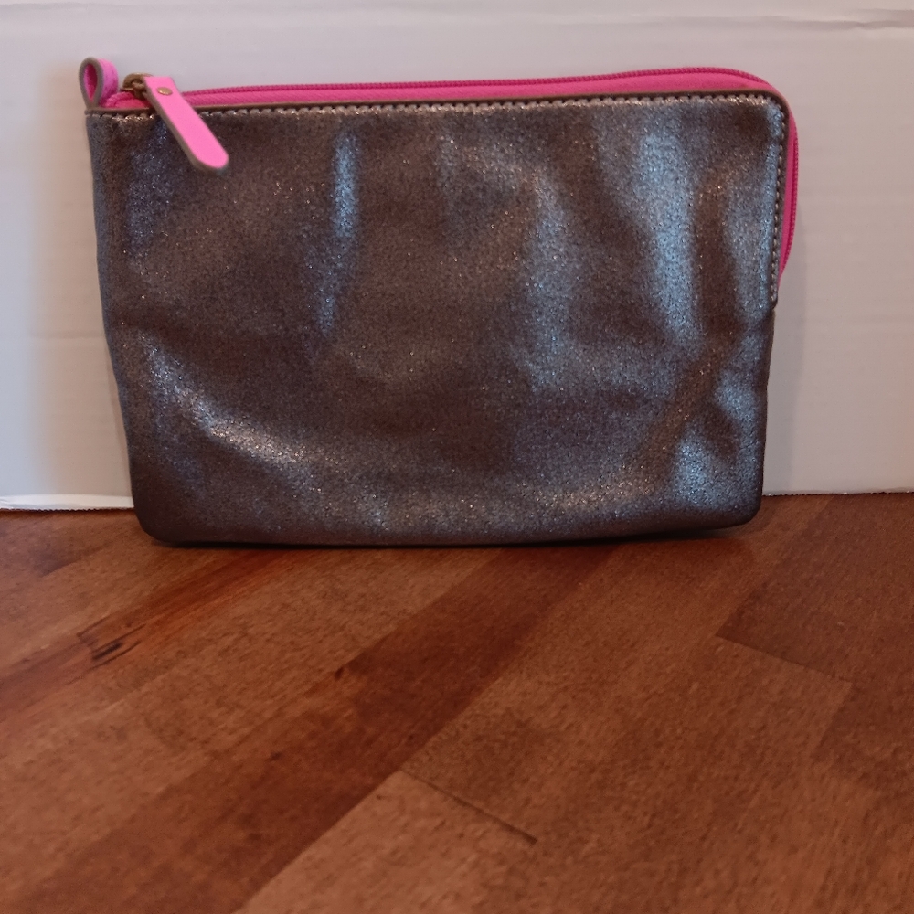 Fossil Metallic Silver Clutch with Pink Accents